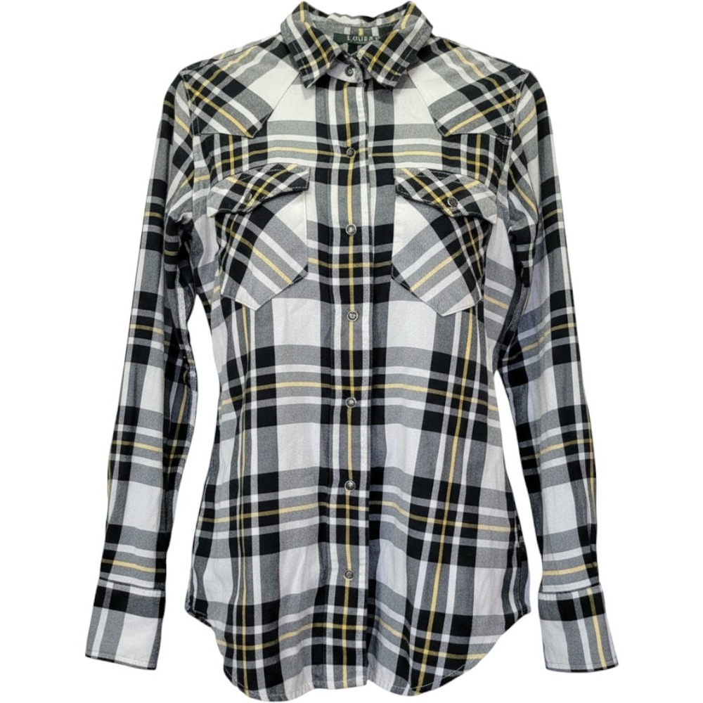 Lauren Ralph Lauren Plaid Shirt Womens S Black Yellow Western Rodeo Pearl Snap